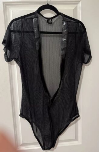 Men’s Deep V Patent Leather Look Sheer Mesh Brief Bodysuit Sz L Gay Interest