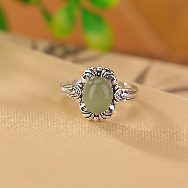 F02 Anello Luminoso Verdastro Giada Di Rami Incorniciato Argento Sterling 925 - Immagine 3 di 4