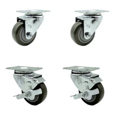 3 Inch SS Gray Polyurethane Swivel Top Plate Caster Set with 2 Brakes SCC
