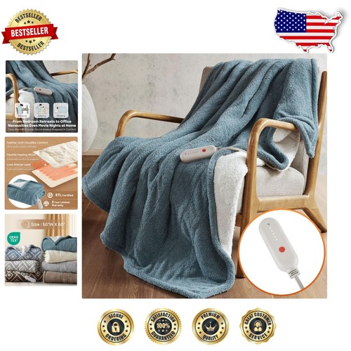 Blue Heated Blanket with 3-Hour Auto Shutoff & Machine Washable Care