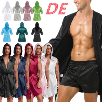 Herren Satin Kimono Bademantel Robe Schlafshirt mit Kapuze und Belt Nachtwäsche