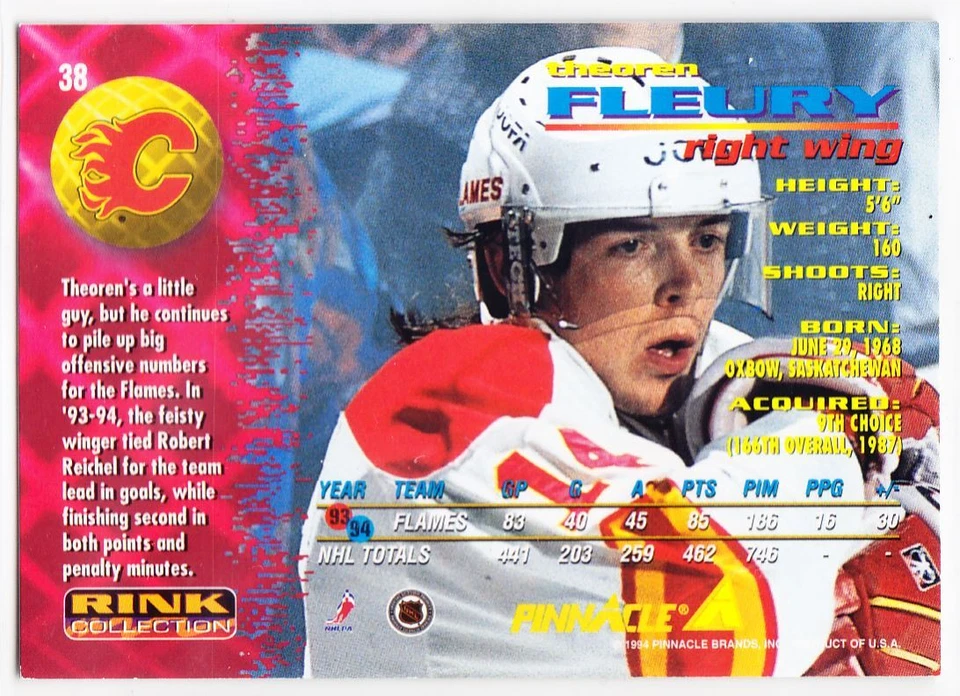 1994-95 Pinnacle Theoren Theo Fleury Signed Auto Calgary Flames #38 - Image 2 of 2