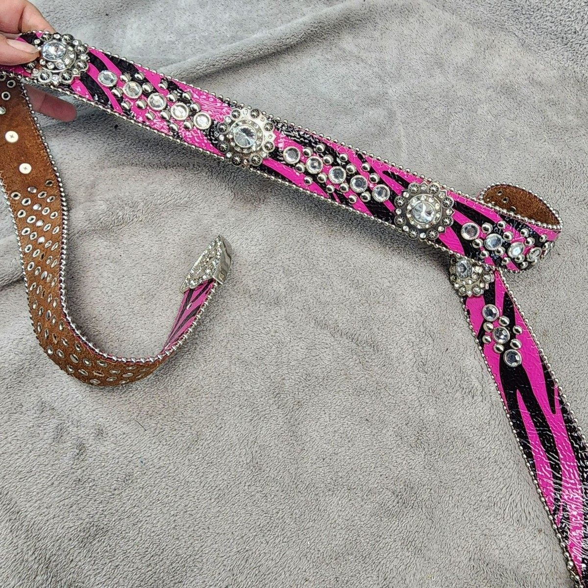 Belt Womens 38 Pink Black Rhinestone Studded Western Cowgirl 