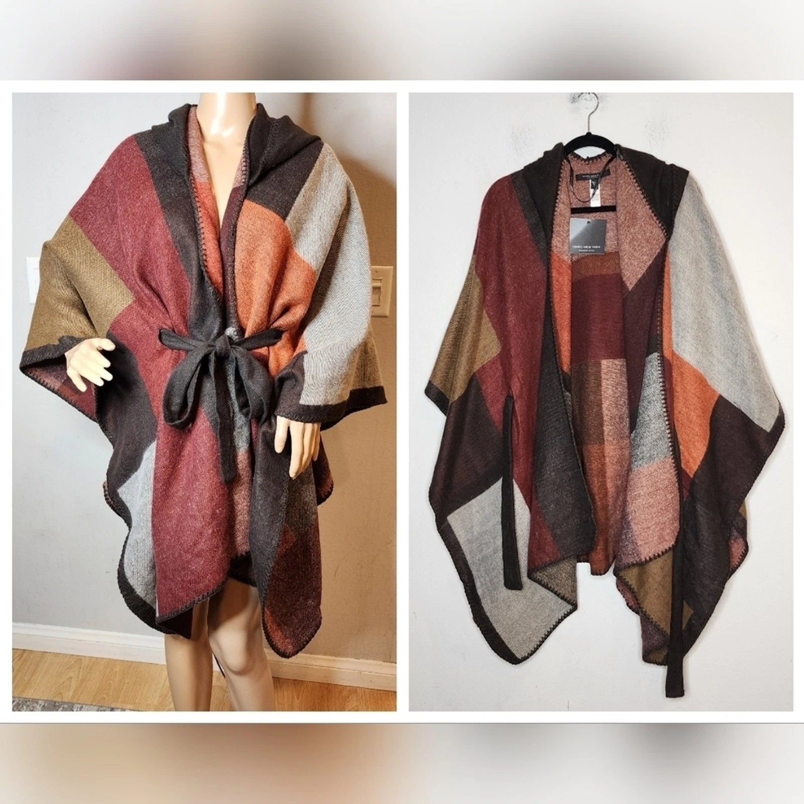NWT Marc New York One Size Poncho Blanket Belted Wrap Faux Wool Vegan Brown Red