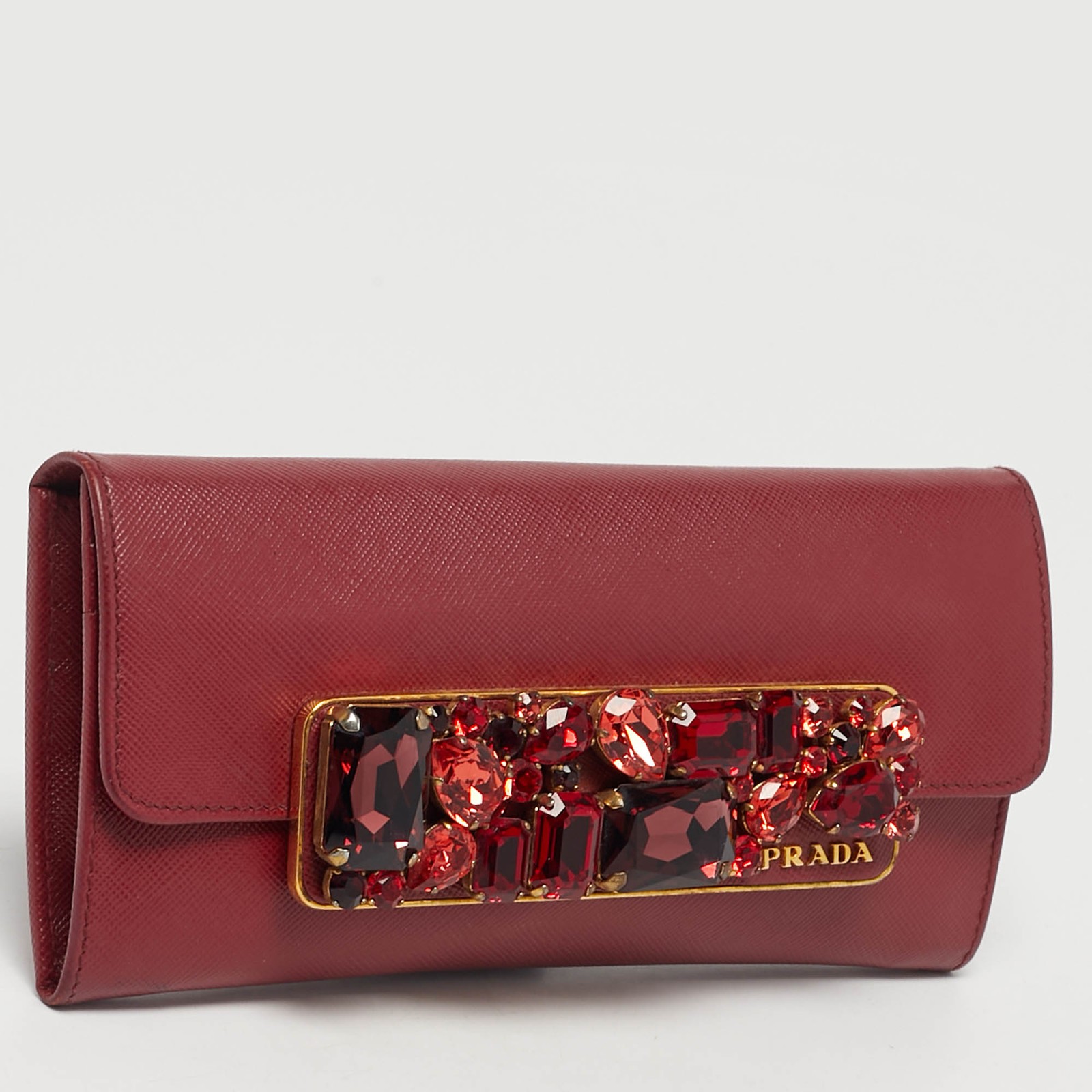 Prada Dark Red Leather Crystal Embellished Flap Continental Wallet thumbnail 3