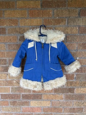 VTG Sears Toddler Girls Penny Lane Style Coat Royal Blue Faux Fur Trim Sz 2T 70s