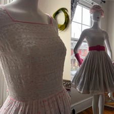 Vtg 50s Spring Pink Swiss Dots Cotton Day Easter Dress Fit & Flair S 34 26 Lace