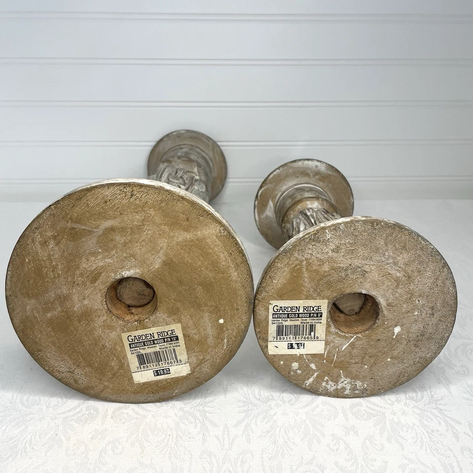 Garden Ridge Hand Carved Wood Pillar Column Candle Holders 15" , 9.5" Set of 2 - Image 4 of 4