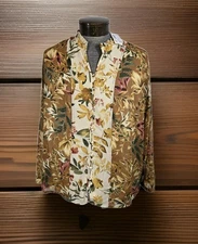 CJ Banks Womens Peasant Top 16 18w Floral Leaf Print Button Lined Ruffle Collar