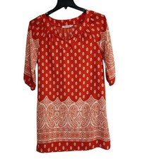 Willa Mini Shift Dress Size L Geometric Floral Orange  3/4 Sleeve Made in USA