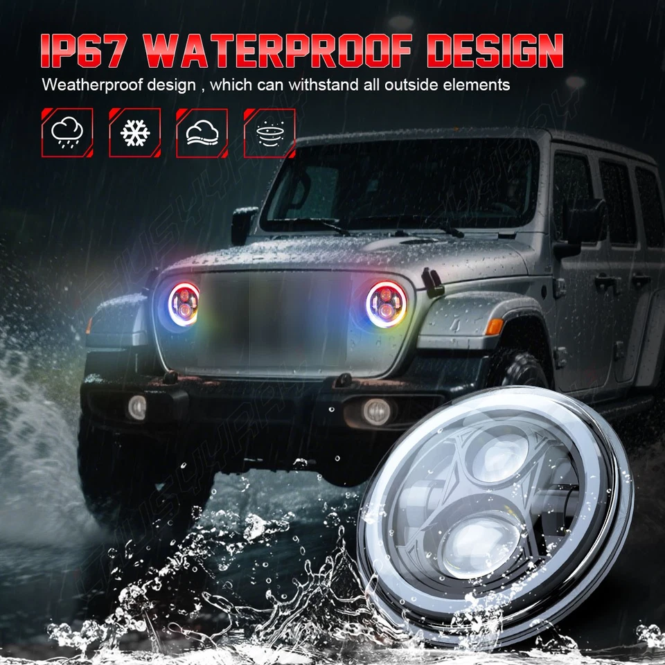 Faróis de LED redondos DRL luz para Jeep Wrangler JK LJ TJ CJ RGB 7" polegadas - Imagem 3 de 4