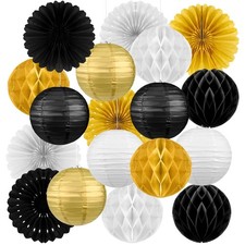 18 Pcs 2026 Happy New Year Party Decorations Kit Black Gold and Sliver Lanter...