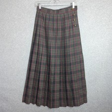 Vintage Eagles Eye Pleated Tartan Maxi Skirt Sz 8 Gold Buttons Academia Preppy