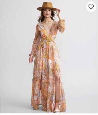 Boho Chiffon Patchwork Print Floral Front Cut Out Maxi Dress Woman NWT Size M