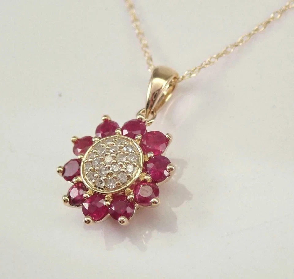 1.5Ct Round Cut Lab Created Red Ruby Flower Pendant 14K Yellow Gold Finish 18" - Image 3 of 4