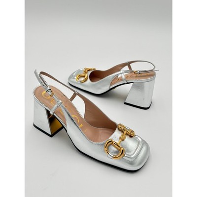 Gucci Baby Horsebit Slingback Pump Silver Metallic Leather Square