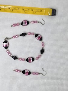 Murano Style Glass Jewelry Set, Pink Black Bracelet  Earrings, Artisan Handmade