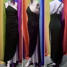 Vtg Y2K asymmetric one shoulder prom evening maxi gown black white Art Deco XS S