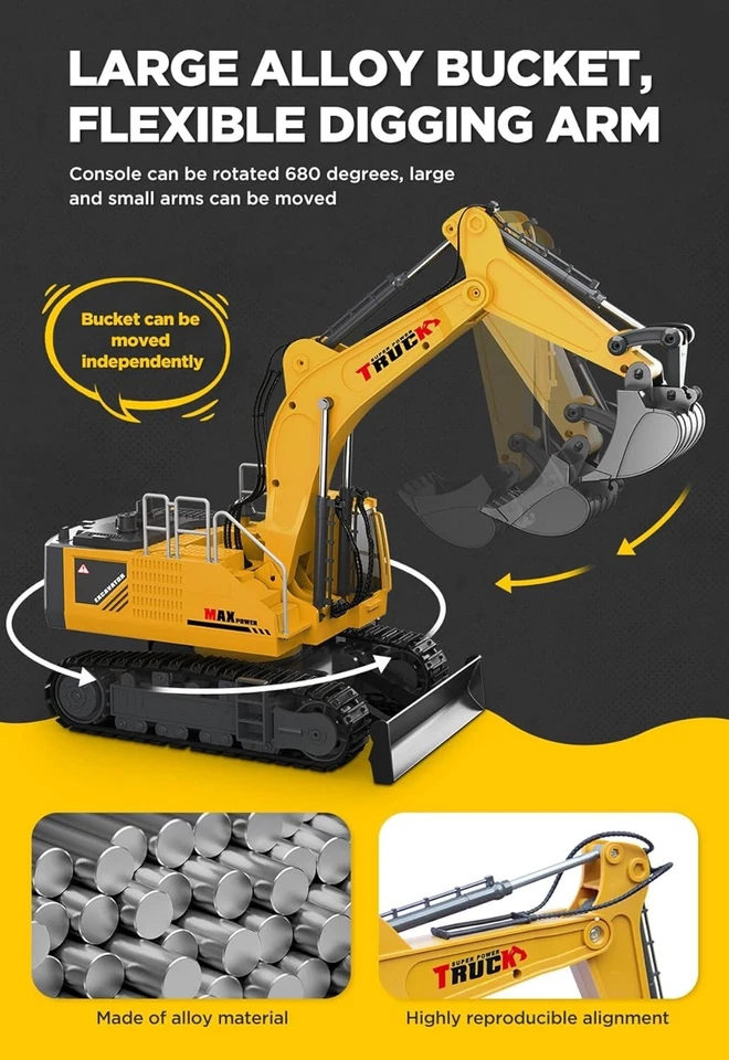 21" Large Remote Control Excavator Toy with Metal Bucket & Dozer Blade, 15-Ch... - Image 3 of 4