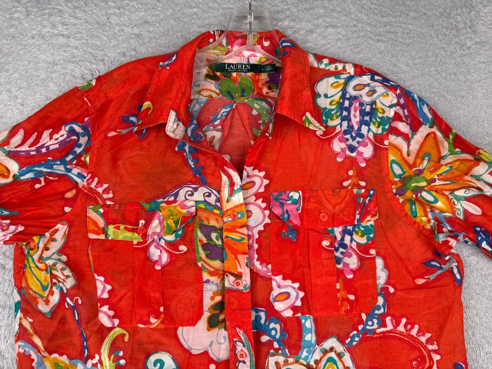 Camisa Lauren Ralph Lauren Mujer Grande Roja Floral Mezcla Seda Mangas Largas Abotonada Foto 4 de 4