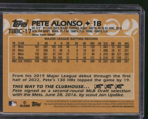 2023 Topps #T88C-17 Pete Alonso 1988 Topps Baseball 35th Anniversary Chrome - Picture 2 of 2