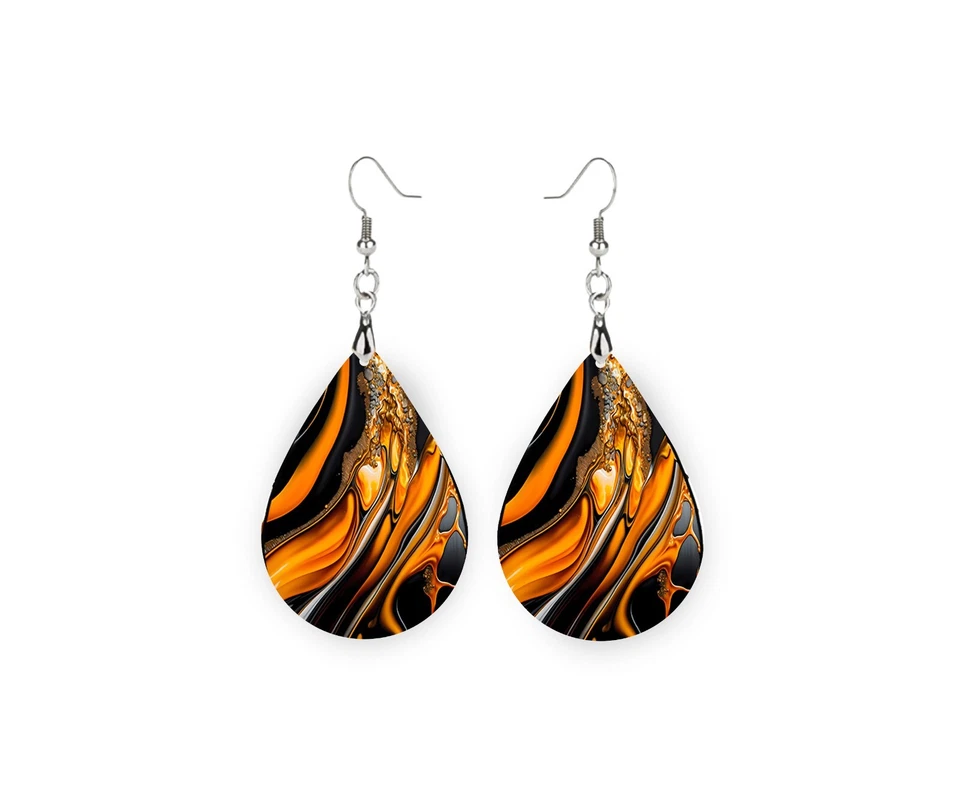 Black Orange Swirl Halloween Wood Tear Drop Printed Earrings Jewelry Handmade - Image 3 of 3