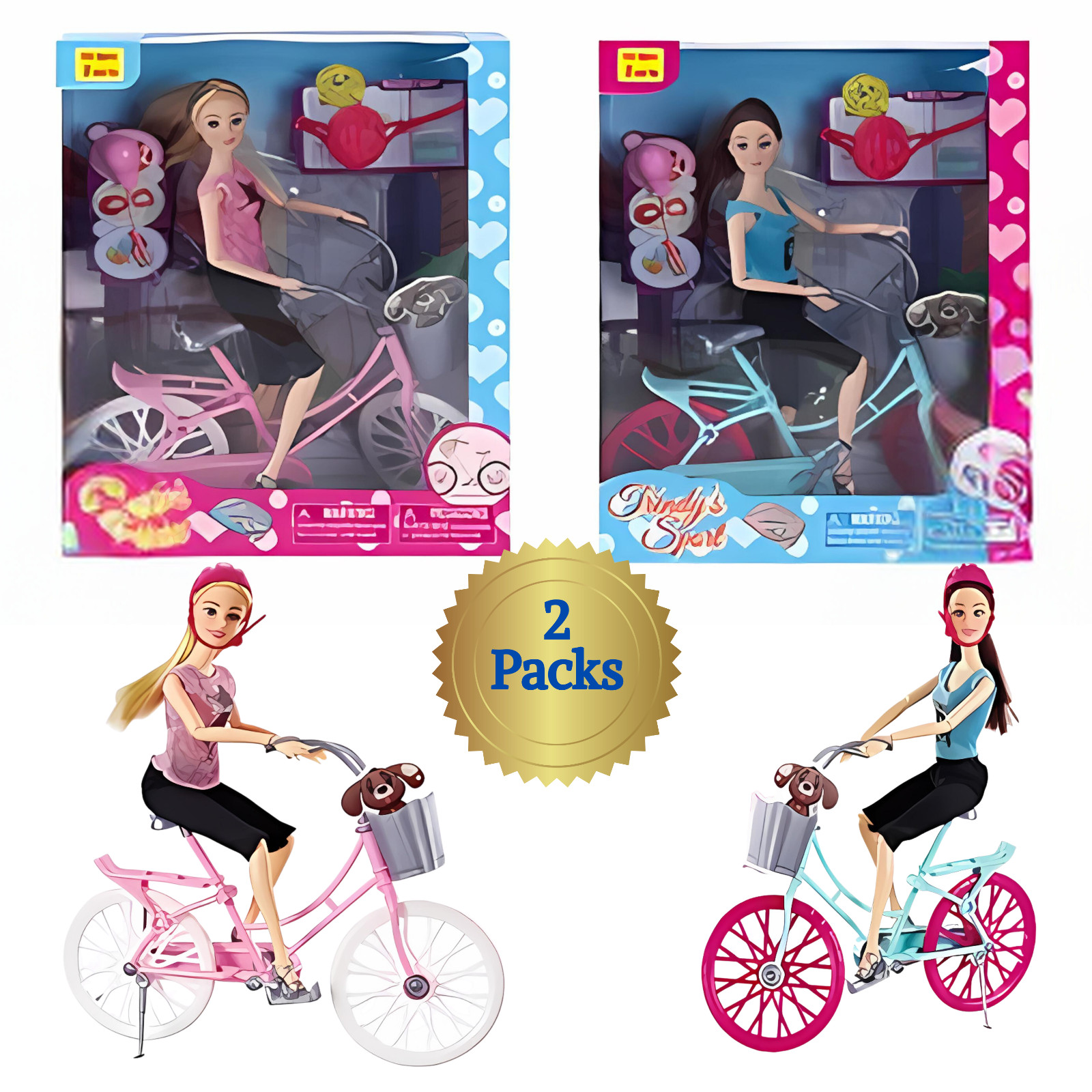 Playset With Bike & Accessories (2 Packs, Blue & Pink)