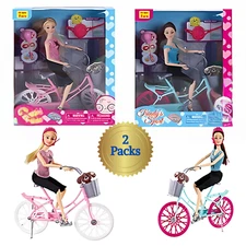 Trendy Outdoor Dolls Playset with Bike & Accessories (2 Packs, Blue & Pink)