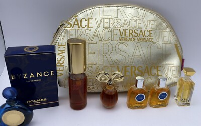 Vintage Perfume Lot Of 6 W/ Versace Bag Rochas Byzance 50% Full, Guerlain & More