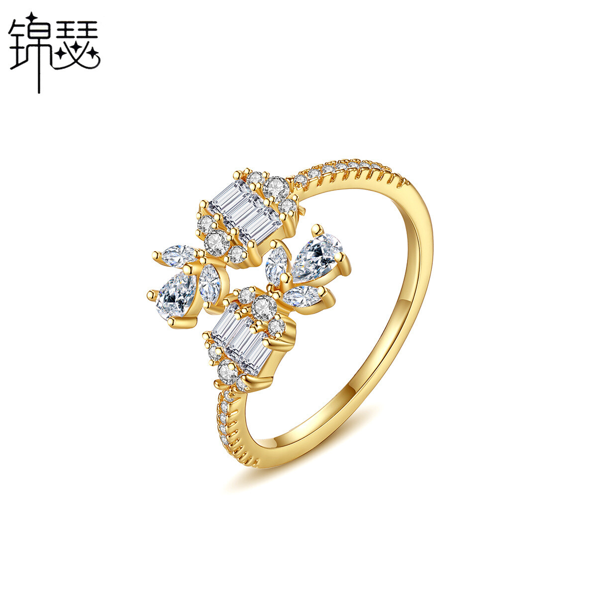 New Fashion Open Flower Open White Zircon Small Gold Plated Women's Ring
