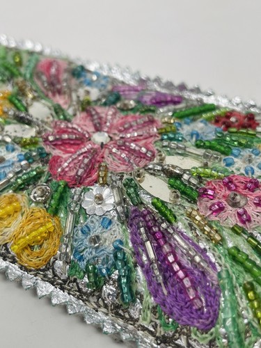 VTG 50s 60s Beaded Sequins Eyeglass Glasses Case Silver Flower Ladies Hand Made - Picture 5 of 7