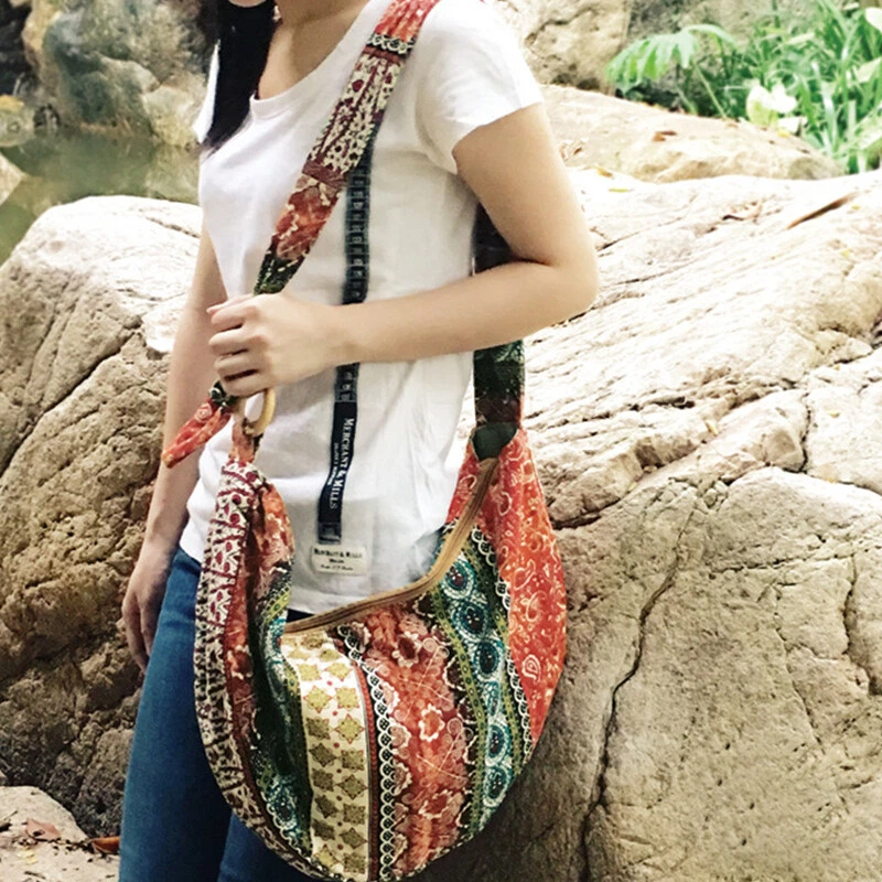 Boho Ethnic Shoulder Bag, Hobo Crossbody Purse Women's Canvas Tote