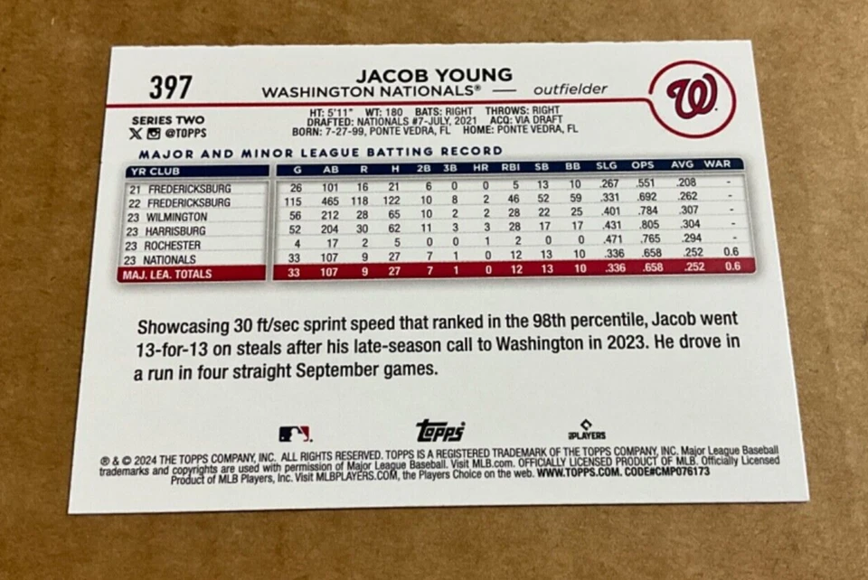 2024 Topps ASG All Star Game Foil # 397 Jacob Young Rookie Washington Nationals - Image 2 of 2