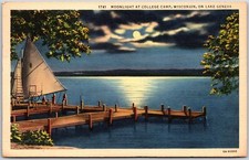Wisconsin WI, 1940 Moonlight at College Camp, On Lake Geneva, Vintage Postcard
