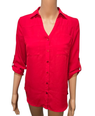 IZ Byer women's XS red chiffon button down roll tab thin blouse top pocket
