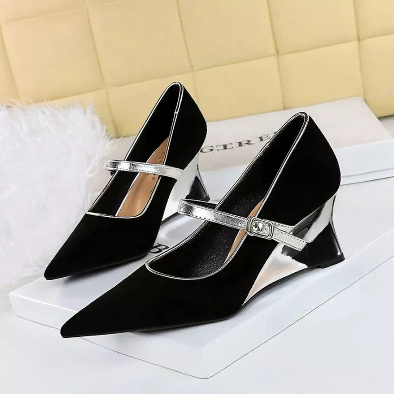 Zapatos de Salón 6CM Negro Brillante Elegantes Cómodo Cuña Piel Sintético 23484
