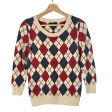 A.P.C Cream Red & Blue Argyle Diamond Wool Crewneck Sweater S