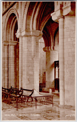 UK England Cambridgeshire Peterborough Cathedral Nave Arches Columns 1920s RPPC