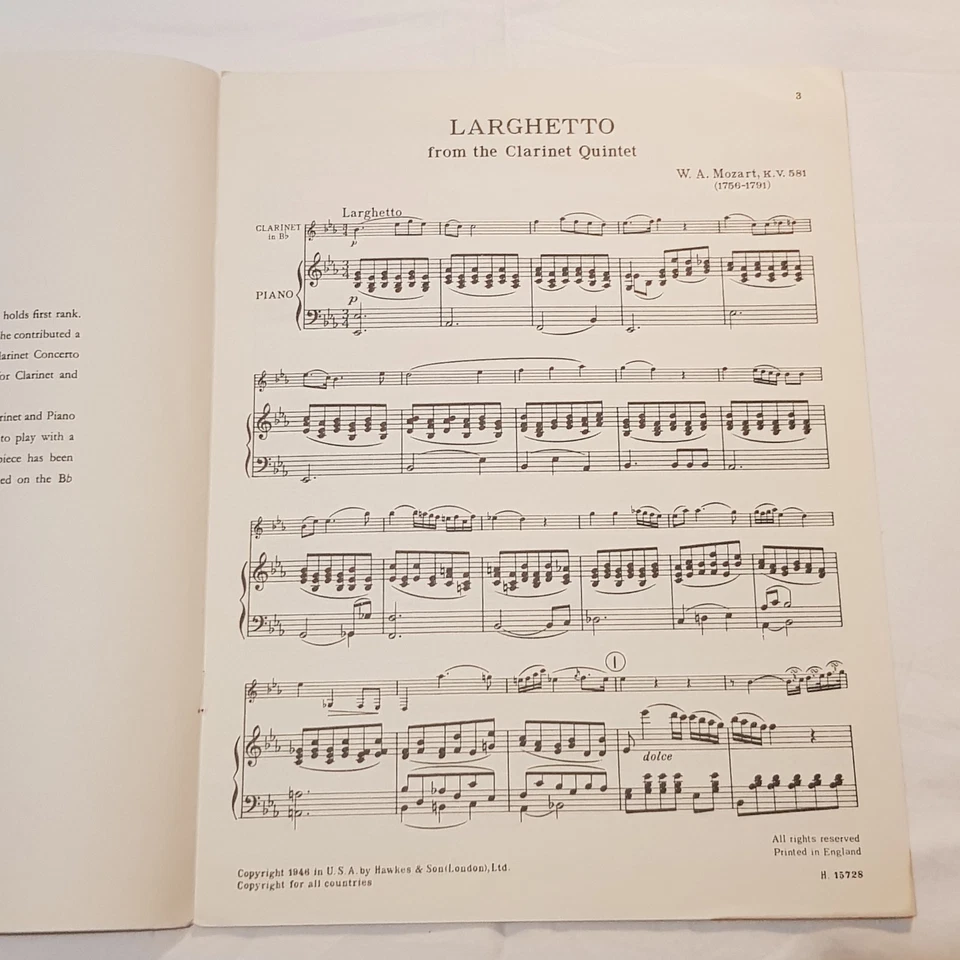 1946 Mozart Larghetto Clarinet Quintet K.V. 581 Clarinet Bb & Piano by Perry - Image 4 of 4
