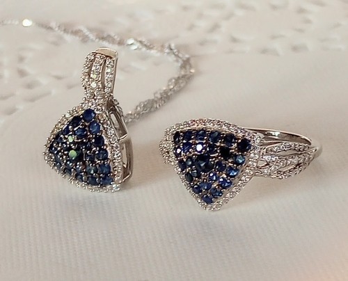 Kanchanaburi Sapphire Zircon Trillion Shape Sz8 Ring Pendant Chain Platinum .925 - Picture 21 of 24