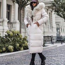 Winter Women Thick Warm Hooded Long Coat Plush Collar Cinched Waist Office Wear