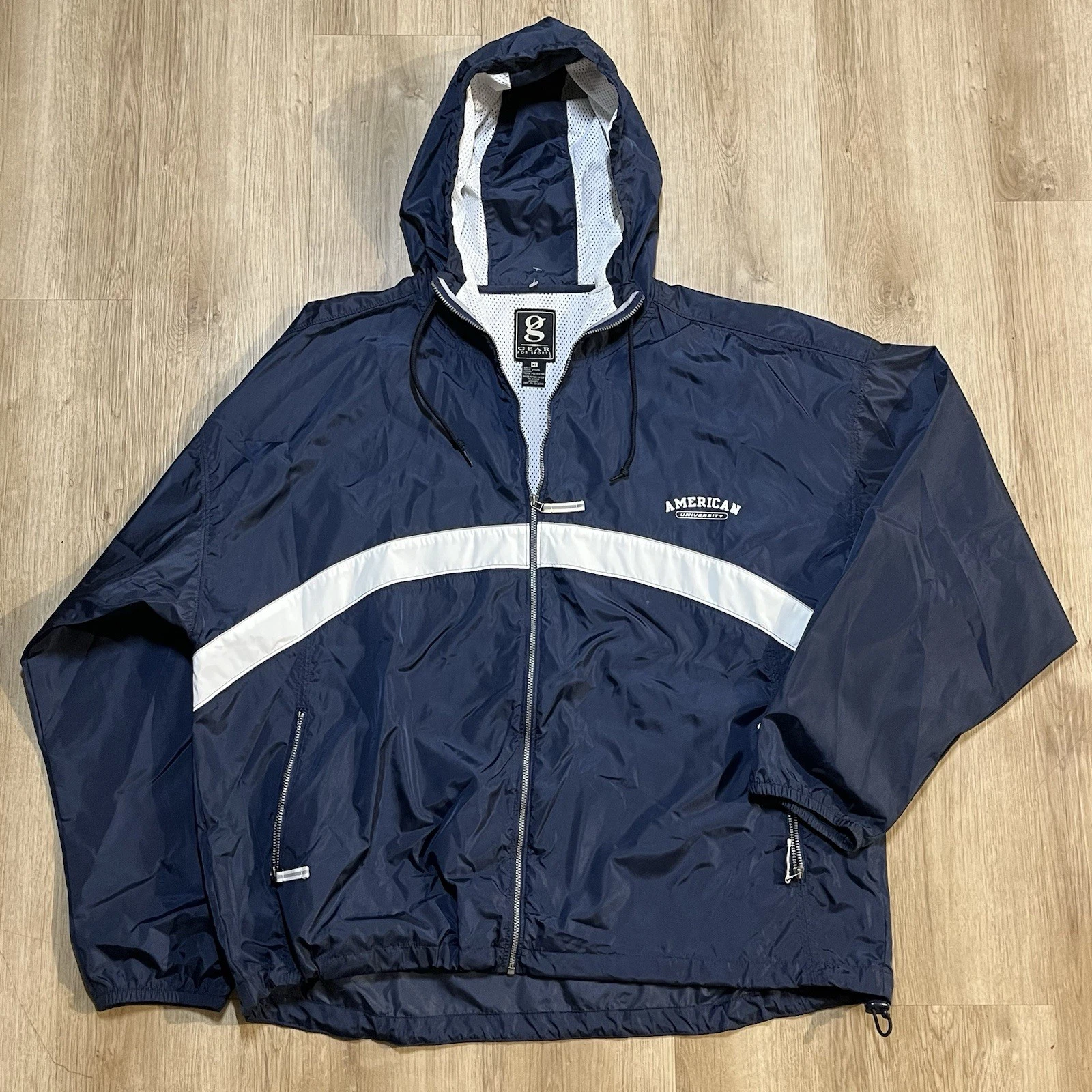 American University Blue Windbreaker Full Zippered Hooded Jacket Size XL Vtg