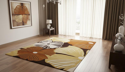 Hand Tufted Wool Area Rug, Brown & Gold Floral Design