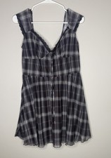 Cider Gray Black Plaid Mini Dress Size XL Y2K Grunge Academia Lace Tie Front