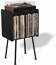 Record Player Stand W/ 4 Cabinets Black Record Table Holds Up to 100 Albums Mid