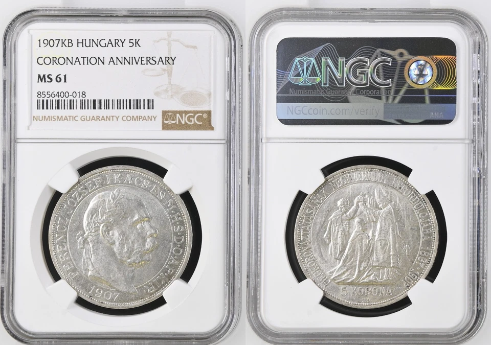 1907, Hungary, Franz Josef I. Silver 5 Korona Coin. Original Strike! NGC MS-61! - Image 3 of 3