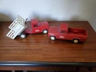 Vintage 1960s Tonka Steel Red Jeep Pick Up Truck & Red Tilt bed Farm Truck