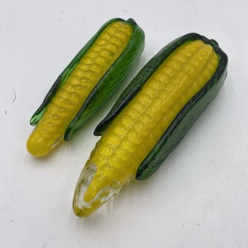 2 Murano Style Glass Art Corn on the Cob Hand Blown Vintage Farmhouse Decor Set