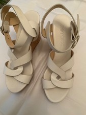 EXCELLENT CONDITION Jimmy Choo Aleili White Leather Cork Ankle Strap Wedge - 37