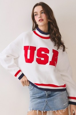TECE-Usa Letter Print Contrast Trim Sweatshirt-WHITE-#CT9794-FREE SHIPPING!